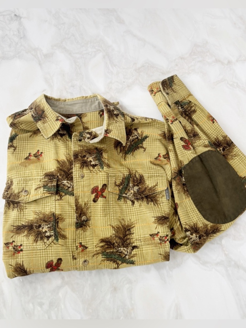 Woolrich Hunting Flannel Shirt Bird Print Elbow Patch Button Up Men’s Size XL